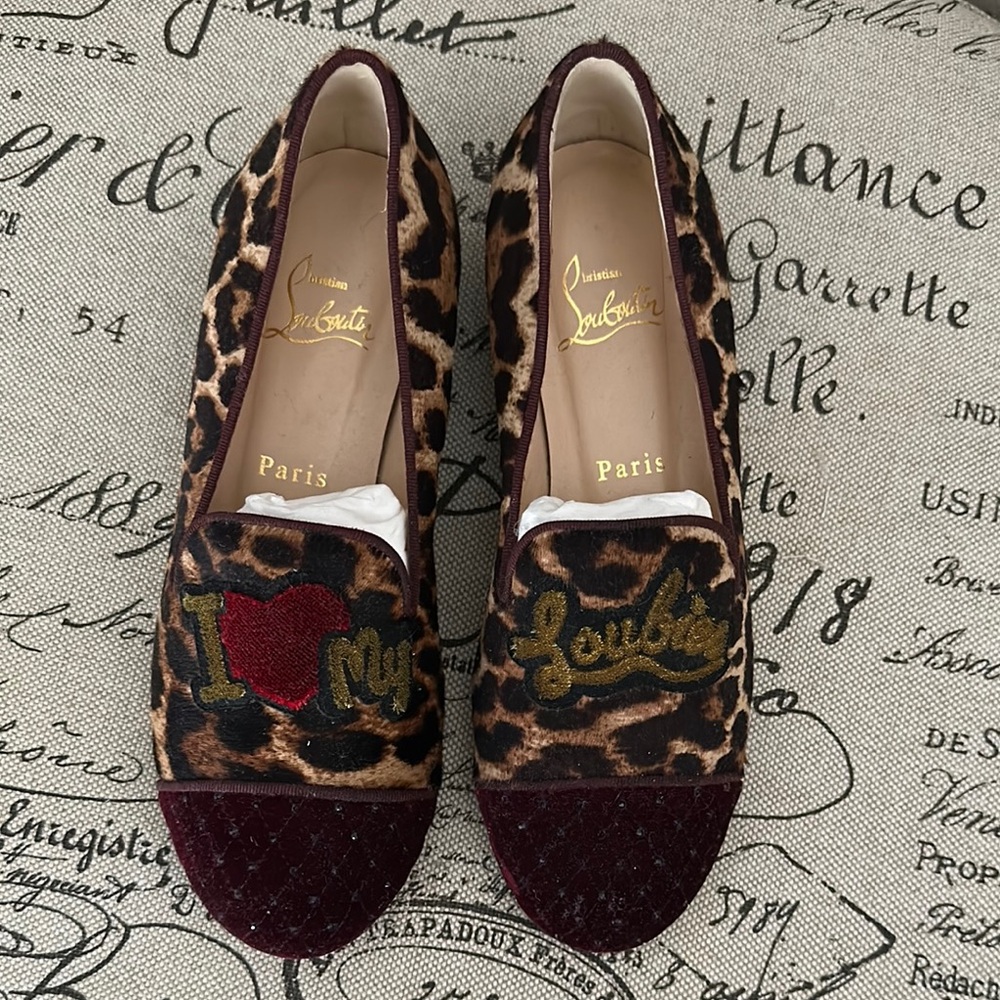 Christian Louboutin Leopard Print Flats - Burgundy and Brown